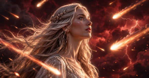 Woman with flowing golden hair standing calm as meteors streak through a stormy crimson sky - I Choose What Matters light language meditation