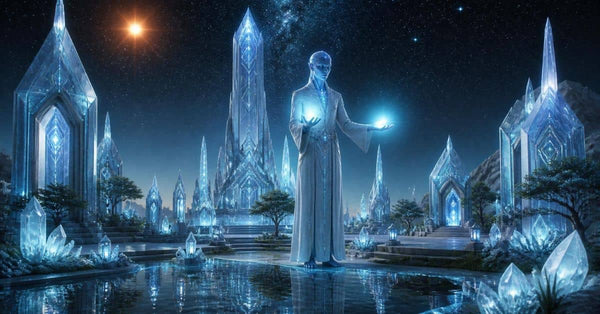 Concept art of an imagined Arcturian civilization with crystalline architecture and a humanoid healer channeling light, beneath a starry sky