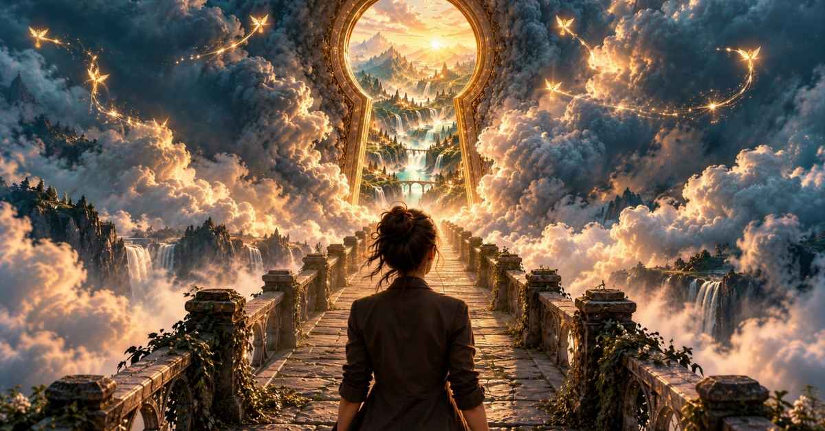 Eshai light language meditation: woman walking a stone bridge toward a golden keyhole portal to step into your vision