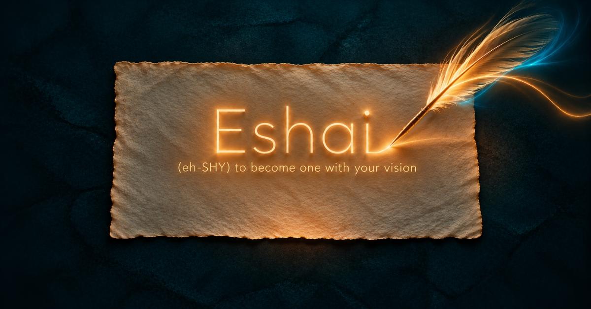 Eshai meaning: the word Eshai (eh-SHY), to become one with your vision, written in glowing light on parchment by a quill