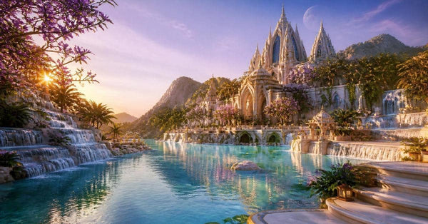 Ancient Lemurian temple overlooking a crystal-clear lagoon, surrounded by waterfalls, tropical forests, and mountains at sunrise.