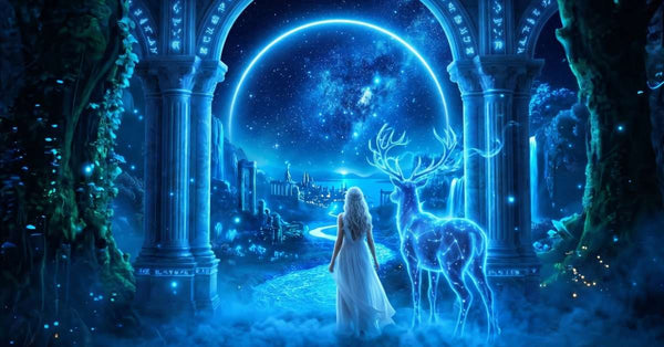 A woman in a white dress stands beneath a glowing blue archway beside a luminous celestial stag, gazing toward a starlit fantasy landscape with a glowing city in the distance