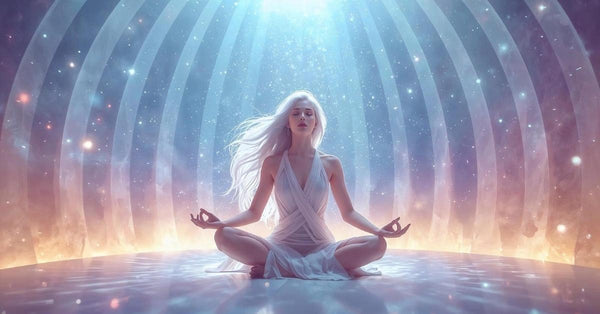 Person sitting in calm meditation receiving spiritual protection and angelic support