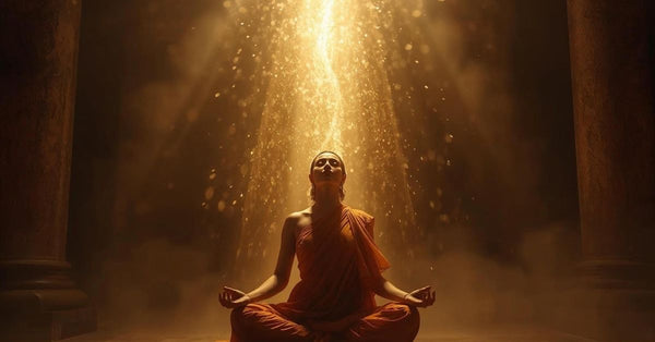 Woman meditating with eyes closed during Gayatri Mantra practice in temple