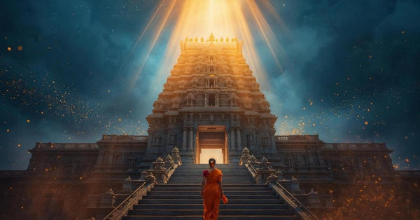 Woman in orange sari ascending temple steps toward radiant divine light - Om Namah Shivaya mantra meditation