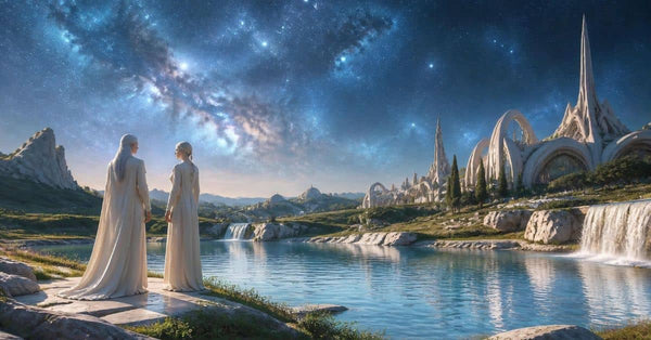 Concept art of an imagined Pleiadian civilization with white stone architecture, still water, and humanoid figures beneath a star-filled sky