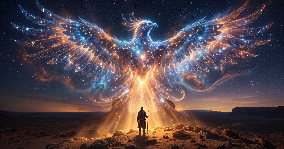 Cosmic phoenix made of stars and light spreads its wings over a robed figure standing in a desert at dusk - Shield of Light protection meditation