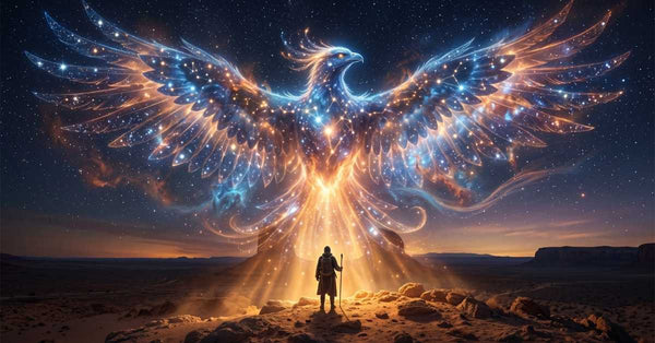 Cosmic phoenix made of stars and light spreads its wings over a robed figure standing in a desert at dusk - Shield of Light protection meditation