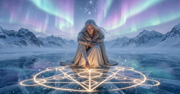 Robed figure with silver hair kneeling on ice, tracing a glowing geometric light activation under aurora skies - Wake Up light language meditation for spiritual awakening