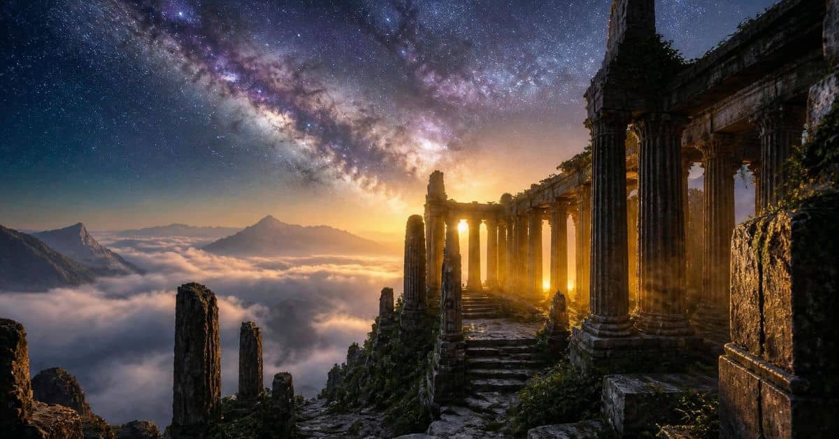 Ancient temple on a misty mountaintop beneath the Milky Way, representing starseed and Lemurian origins