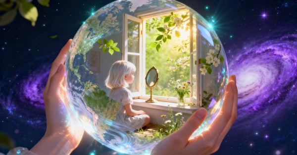 ethereal hands holding crystal ball of memories in gratitude music meditation 