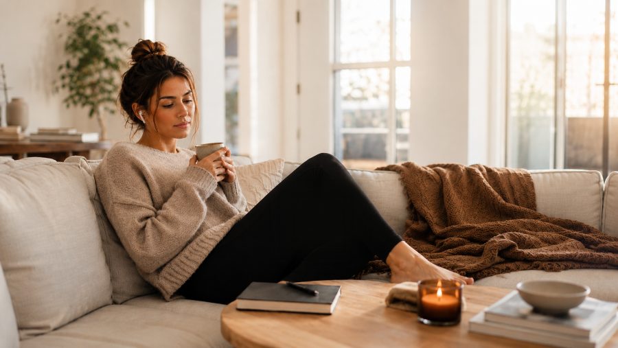 Woman relaxing at home with headphones and coffee